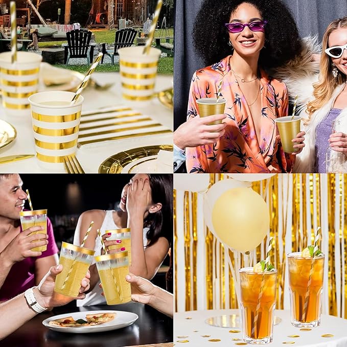 7.75 inch Gold/White Striped Paper Straws for Drinking 100 Counts for Bar, Restaurant, Wedding, Party - Unwrapped