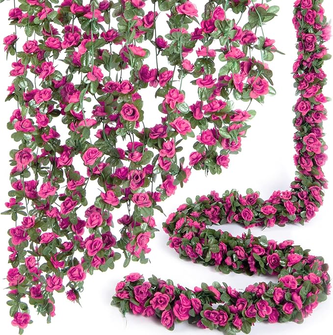 8 Pcs x 8.2 ft Flower Garland Artificial Rose Vine Flowers with Green Leaves Hanging Fake Roses Vine for Room Party Home Wedding Birthday Christmas Wall Arch Decor, Spring Magenta Flower