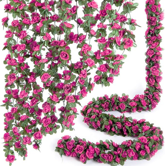 8 Pcs x 8.2 ft Flower Garland Artificial Rose Vine Flowers with Green Leaves Hanging Fake Roses Vine for Room Party Home Wedding Birthday Christmas Wall Arch Decor, Spring Magenta Flower