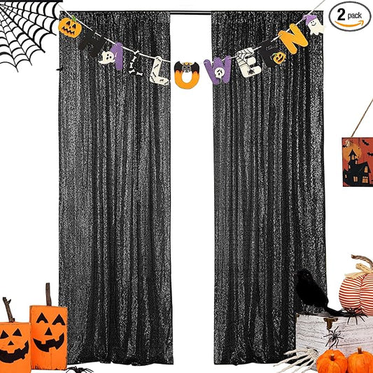Hahuho Black Sequin Backdrop Curtain, 2PCS 2FTx8FT Glitter Backdrop Curtain for Parties, Christmas, Wedding, Party Decoration（2 Panels, 2FT x 8FT, Black