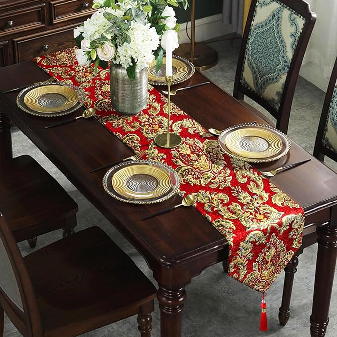 Luxury Vintage Embroidered Jacquard Table Runner Chenille Cloths - Red (13X84inch)