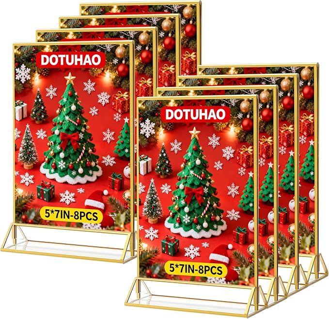 Acrylic Sign Holder, 5 x 7 Inch Gold Frames, 8 Pack Double-Sided Gold Display Stand Picture Frames, Table Signs Holders for Table Menus, Offices, Weddings, Flyers and Photo Frame (8 PCS)