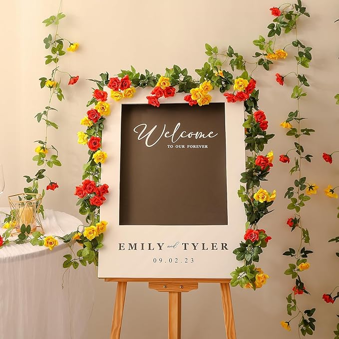 Floweroyal 4 Pack Artificial Flower Garlands 15.8FT Fake Rose Vines Silk Flowers Hanging Rose Ivy for Wedding Arch Party Home Garden Wall Decor (Orange Yellow)