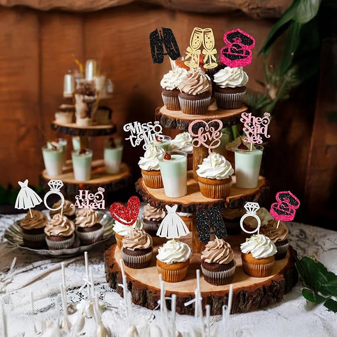 Gyufise 30Pcs She Said Yes Cupcake Toppers Glitter Diamond Ring I Do Love Cupcake Picks Miss to Mrs He Asked Bridal Shower Wedding Engagement Bachelorette Cake Decoration Multicolor