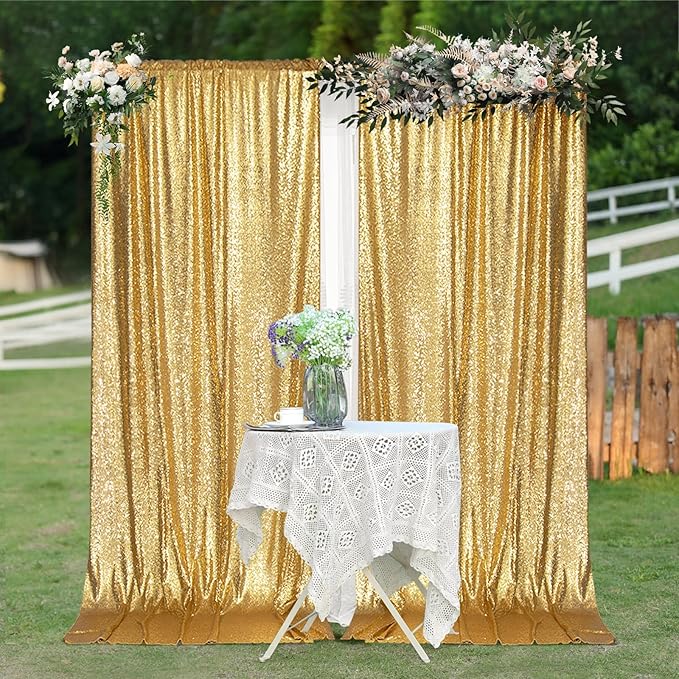 PartyDelight Sequin Backdrop Curtains 2 Panels Sparkly Gold 5Ft x 10Ft Photograph Wedding Curtain Special Events