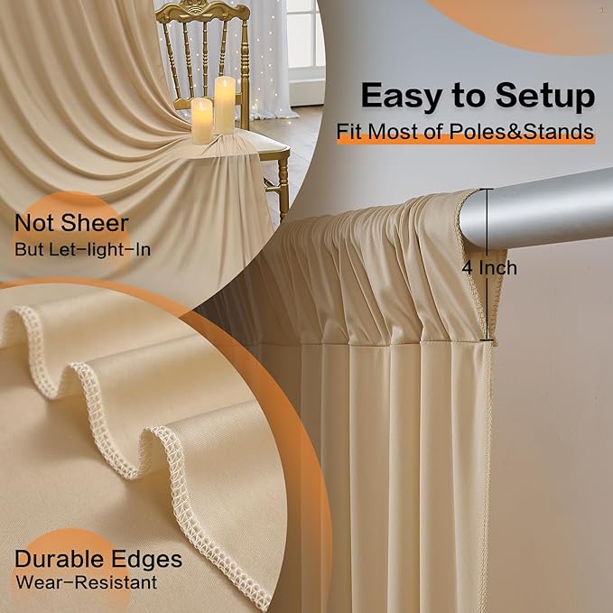 30ft x 15ft Beige Wrinkle Free Backdrop Curtains for Parties,Silky Polyester Fabric Wedding Ceiling Drapes, 6 Panels 15ft Photo Back Drop Drapes for Baby Shower Photography Stage Background Cloth