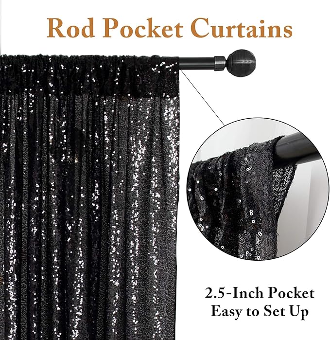 ShinyBeauty Black Sequin Curtains 2FTx8FT 4 Panels | Sparkly Photo Backdrop for Birthday, Halloween, Events | Elegant Glitter Background for Photography