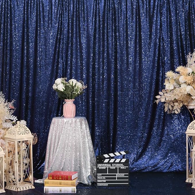 Eternal Beauty Navy Blue Sequin Backdrop, 8x8 Ft Glitter Background Curtains for Shimmer Photography Party Wedding Birthday Independence Day Back Drop Decor