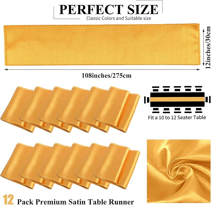 12 Pack Gold Satin Table Runner,12 x 108 inch Long Premium Smooth Table Runner for Wedding, Banquets, Birthday, Party, Graduation, Engagements, Table Runners fit Rectangle and Round Table
