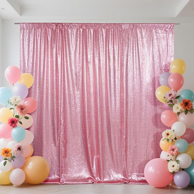SquarePie Sequin Backdrop Curtain Not See Through Thick Glitter Background for Party 8FT x 8FT Fuchsia Pink