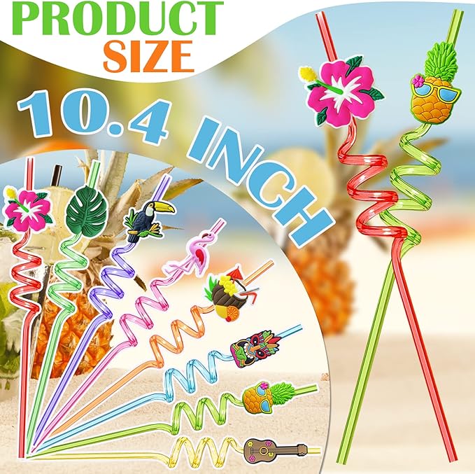Hawaiian Luau Party Favor Drinking Straws (24 Pcs) Summer Beach Pool Birthday Party Supplies Reusable Plastic Drink Straw for Tropical Luau Party (2 Pcs Cleaning Brushes inside)…
