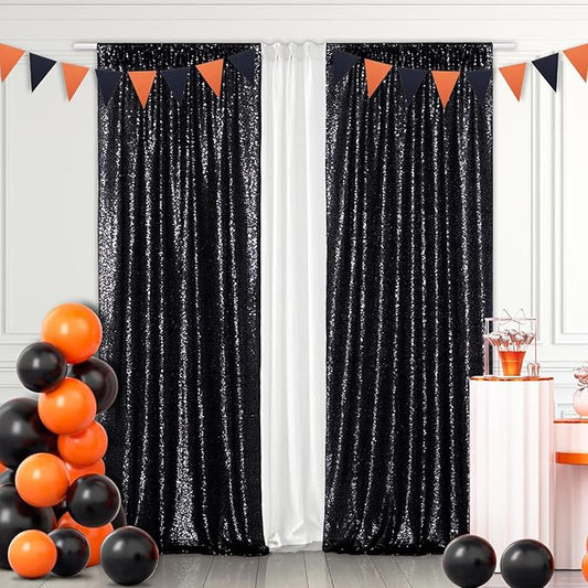 Eternal Beauty Black Sequin Backdrop Curtains, Halloween Shimmer Back Drop 2Panels-2FTx8FT for Christmas, Party, Birthday, Photography, Wedding, Baby Shower Event Decoration