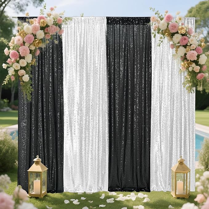 Eternal Beauty Black and Silver Backdrop 4 PCS-2x8 Ft Sequin Curtain Panels for Christmas Party, Birthday