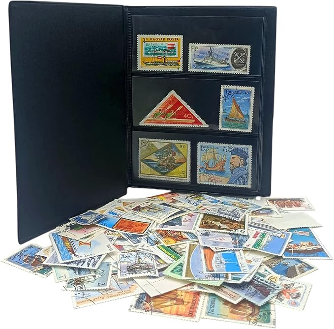 IMPACTO COLECCIONABLES – 100 Ship-Themed Stamps Collection with Included Album (5.5 x 7 x 0.4 in) | Enhance Your philatelic Collection with Authentic postmarked Stamps in a Compact and Elegant Album