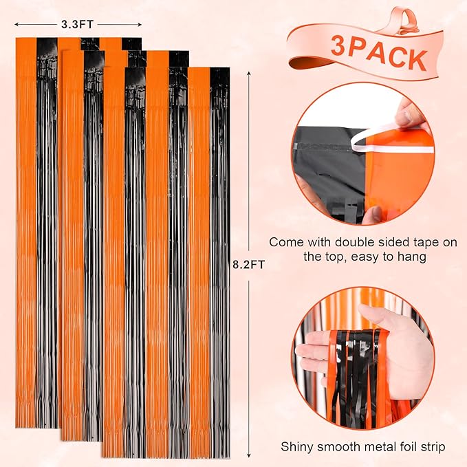 3 Pack 3.3x8.2 Feet Black and Orange Foil Fringe Backdrop Curtains, Tinsel Streamers Birthday Party Decorations, Fringe Backdrop for Graduation, Baby Shower, Gender Reveal, Disco Party