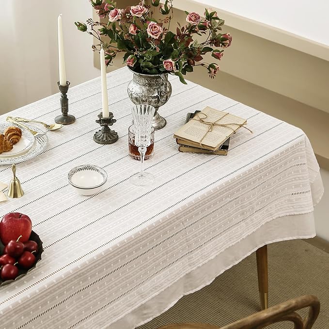 patdrea Designer Vintage Cotton White Lace Tablecloth for Rectangle Tables,French Country Cottage Embroidered Table Cloth Art Decor for Kitchen Wedding Patries Banquet Christmas,59"*75"