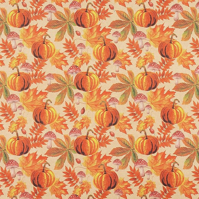 RUSPEPA Fall Wrapping Paper Roll, Mini Roll, Watercolor Pumpkin, Autumn Leaf and Mushroom Design, Autumn Kraft Gift Wrap Paper for Thanksgiving, Fall Party, Harvest, 17 Inches x 16.4 Feet