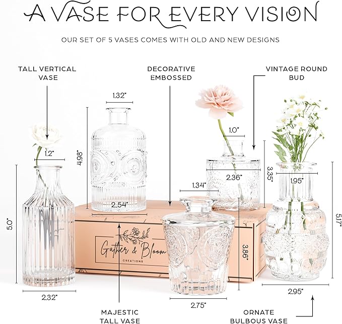 Gather & Bloom Creations 5 Piece Mini Bud Vase Set – Clear Glass Small Vases in Unique Shapes & Sizes for Flowers, Fairy Lights, Wedding Table Centerpieces, Vintage-Inspired Home Décor