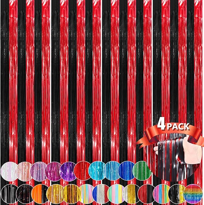 Black Red Metallic Tinsel Foil Fringe Curtains, 4 Pack 3.3x8.3 Feet Streamer Curtains for Birthday Party Decorations, Halloween Decor, Foil Curtain Backdrop for Bachelorette Party