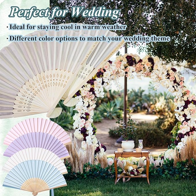 25 Pcs Personalized Cream Hand Fans for Wedding, Custom Engraved Silk Fans Folding Hand Fans, Summer Wedding Fans, Custom Wedding Party Favor Bridal Shower Gifts Baby Shower Favors