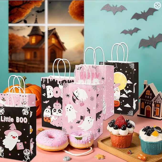 24 Pcs Halloween Paper Gift Bags, 6 Styles Halloween Goodie Bags with Handles, Halloweens Treat Bag Party Favors Bag Holiday Trick or Treat Party Supplies