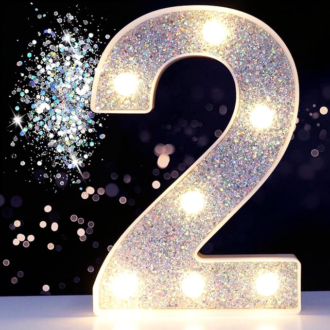 Pooqla Marquee Light up Numbers, Lighted Numbers for 2nd Birthday Decorations, Night Light Battery Powered for Silver Party Decorations, Gift for Boys Girls Christmas Wedding Home Room Decoration