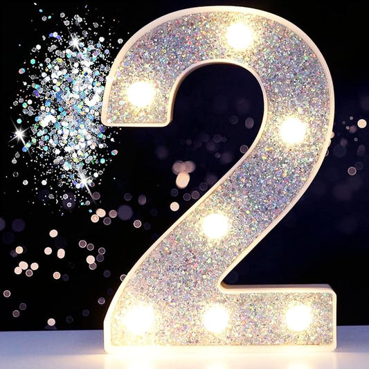 Pooqla Marquee Light up Numbers, Lighted Numbers for 2nd Birthday Decorations, Night Light Battery Powered for Silver Party Decorations, Gift for Boys Girls Christmas Wedding Home Room Decoration