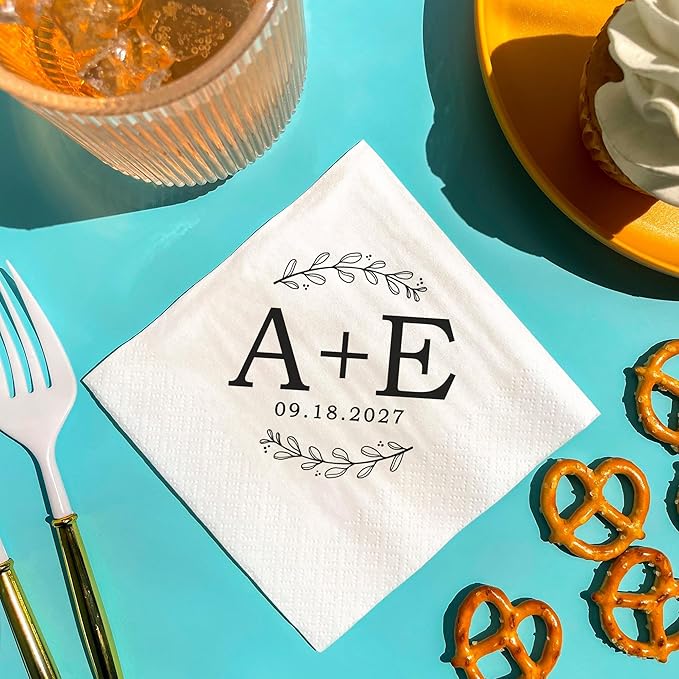 Big Dot of Happiness Personalized Rustic Leaves Monogram Wedding Napkins, Custom Engagement or Anniversary Party Laurel Wreath Branch Decor, White 3-Ply Paper Luncheon Napkins - 150 Count
