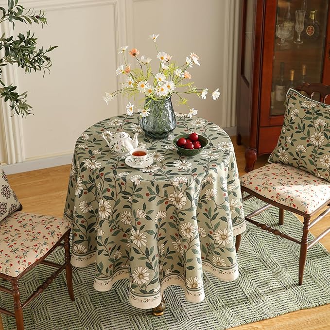 ISAENNE Designer Green Linen Round Tablecloth,Floral French Country Indoor Table Cloth,Stain Resistant Home Decor Tablecloths for Dining Kitchen Thanksgiving Christmas Party,67"*67"-Brune