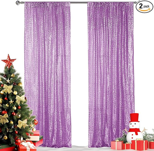 Hahuho Lavender Sequin Backdrop Curtain, 2PCS 2FTx8FT Glitter Backdrop Curtain for Parties, Christmas, Wedding, Party Decoration（2 Panels, 2FT x 8FT, Lavender