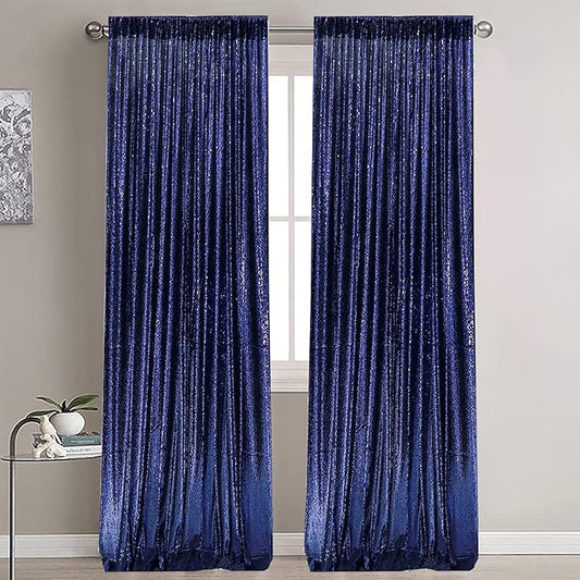 Navy Blue Sequin Backdrop Curtains 2 Panels 2FTx8FT Glitter Navy Blue Drapes Photo Backdrop Party Wedding Baby Shower Backdrops Sparkle Photography Background Curtains