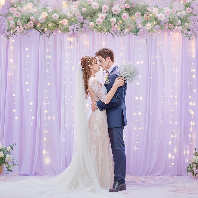 10ft x 7ft Lavender Chiffon Backdrop Curtain with Lights String for Parites Wedding Wrinkle Free Curtain Photo Backdrops Drapes for Baby Shower Birthday Party Home Decorations