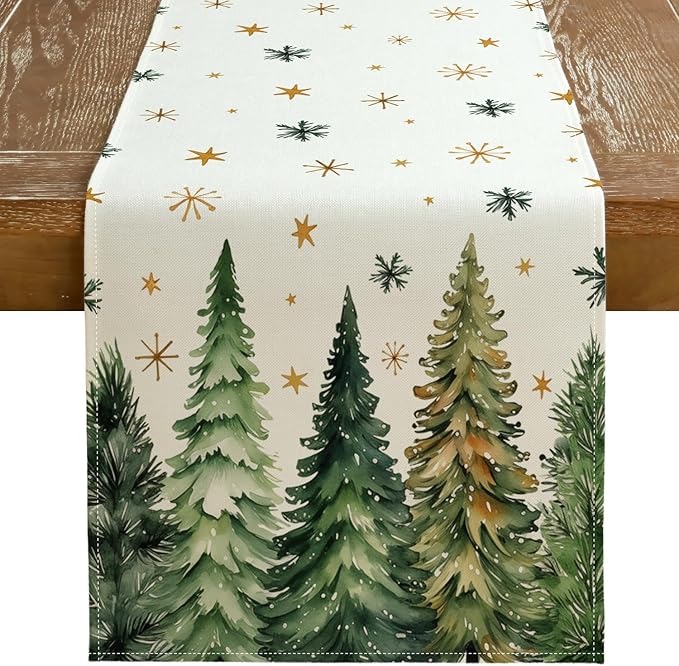 GEEORY Christmas Table Runner 13x48 Inch, Xmas Tees Snowflakes Holiday Decorative Farmhouse Table Decoration for Kitchen Dinning, Indoor Outdoor Dinner Party Decor (Light Green) GT166-48