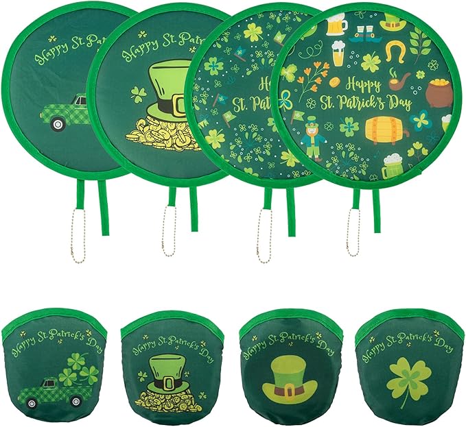 4 Styles St. Patrick's Day Round Foldable Hand Fan Foldable Fan Handheld Compact Cooling Fans,Round Folding Fan for Outdoor Games,Holiday Decoration,Festival,Party Favors,Travel,Events