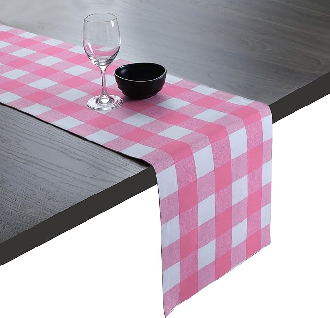 Native Fab Table Runner Buffalo Check Plaid 100% Cotton - 13x72 Inches Kitchen Dining Table Decoration for Indoor Outdoor Farmhouse Home Party Decor - Pink and White