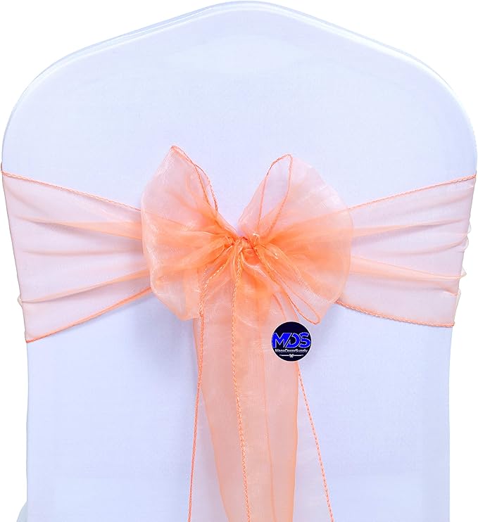 MDS Pack of 150 PCS Organza Chair Sashes Wider Dining Chair Bows Ribbon Tie Back for Wedding Party Birthday Bridal Shower Reception Event Banquet Home Chair Cover Decoration - Peach