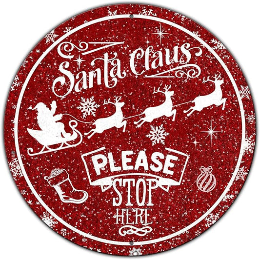 Round Metal Tin Sign - Santa Sleigh Reindeer Vintage Sign - Santa Claus Please Stop Here Sign for Christmas Living Room Bedroom Coffee Bar - 8 * 8 in