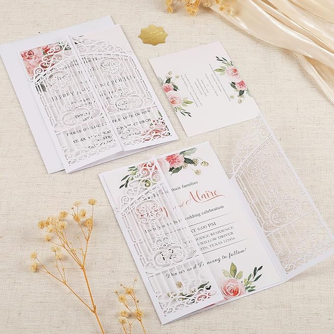 50Pcs White Laser Cut Invitations Fence Wedding Invitations Pocket with Envelopes and RSVP Cards for Wedding Quinceañera Engagement House Warming Invites, Blank Wedding Invitation Card Customizable