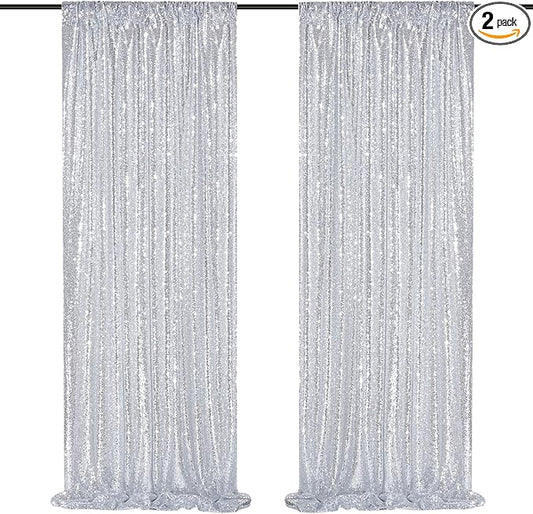 Silver Sequin Backdrop 2 Panels 2FTx8FT Christmas Party Backdrop Curtains Glitter Photo Background for Wedding Baby Shower Stage Decorations