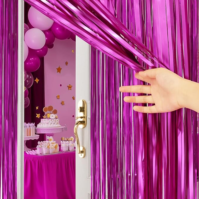 2 Pack Metallic Fuchsia Fringe Backdrop, 3.2x8.2ft Shining Foil Tinsel Curtains, Birthday Party Decorations Door Streamers for Halloween, Christmas, Wedding, Graduation, Holiday, Theme Events