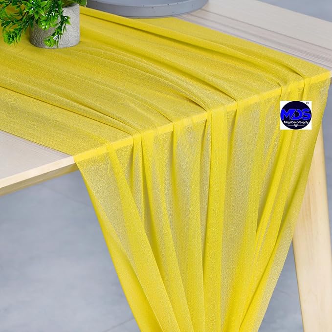 MDS 15 Pack 10ft Chiffon Table Runner 29 x 120 Inches Sheer Wedding Runner Romantic Rustic Table Runner for Wedding Decorations, Birthday Parties, Bridal Shower Party Arch Decor - Yellow