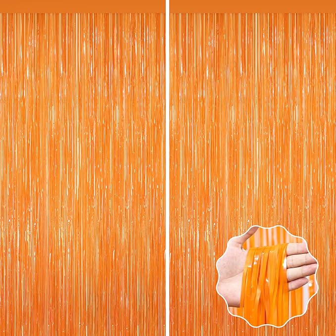 2Pack Orange Backdrop Curtains, Orange Tinsel Backdrop, Metallic Party Streamer Fringe Curtains, Foil Curtains Birthday Party, Curtain Backdrop for Baby Shower Bachelorette Xmas Party Halloween Decors