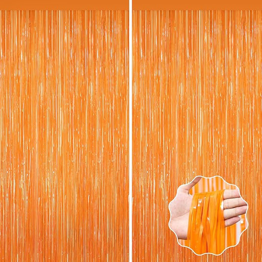 2Pack Orange Backdrop Curtains, Orange Tinsel Backdrop, Metallic Party Streamer Fringe Curtains, Foil Curtains Birthday Party, Curtain Backdrop for Baby Shower Bachelorette Xmas Party Halloween Decors