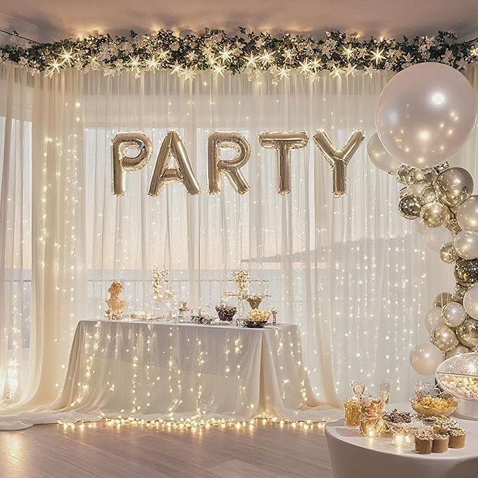 10×10ft Tulle Backdrop Curtains with Lights String - 300LED Fairy Lights Sheer Curtain Backdrop for Weddings Baby Shower and Birthday Party Decorations(4 Panels 5×10ft)