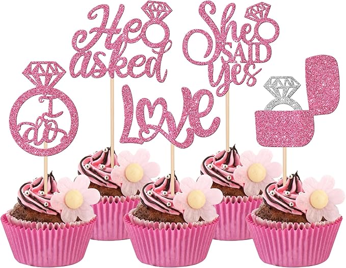 30 PCS He Asked She Said Yes Cupcake Toppers Diamond Ring Cupcake Picks Love I Do Cake Picks for Wedding Enaggement Bridal Shower Party Cake Decorations Supplies Pink