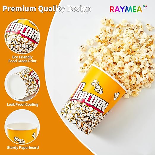 RAYMEA Popcorn Buckets Disposable 32oz Retro Style Paper 25 Pack Leak Proof Popcorn Containers Bowls for Family Movie Night & Party