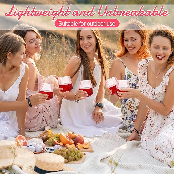 Suclain Plastic Wine Glasses Ribbed Stemless Wine Glasses 14oz Vertical Design Unbreakable Cups for Outdoor Indoor Vintage Elegant Champagne Whiskey Cups for Party Wedding(Pink,100 Pcs)