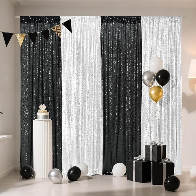 Eternal Beauty Black and Silver Backdrop 4 PCS-2x8 Ft Sequin Curtain Panels for Christmas Party, Birthday