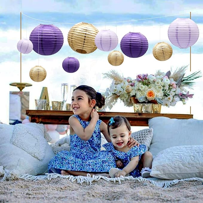 ADLKGG Paper Lanterns Decorative, Round Hanging Lanterns Party Supplies for Graduation Bachelorette Gender Neutral Baby Shower Birthday Party Decorations Purple/Lavender/Gold 21pcs
