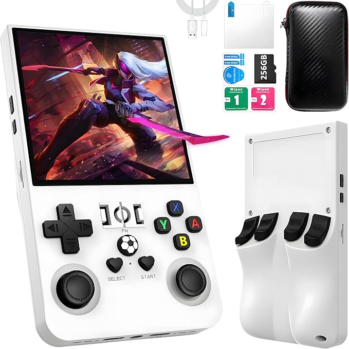 R36MAX Handheld Game Console, 40000+ Games Retro Gaming Console, 256GB TF Card Mini Retro Video Console, 4000mAh Rechargeable 4.0" IPS HD Screen Portable Pocket Arcade (White)